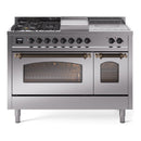 ILVE Nostalgie II 48-Inch Propane Gas Dual Fuel Range with 5 Burners, Griddle, & French Top with Triple Glass Door Oven in Stainless Steel with Bronze Trim (UP48FSNMPSSBLP)