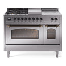 ILVE Nostalgie II 48-Inch Natural Gas Dual Fuel Range with 5 Burners, Griddle, & French Top with Triple Glass Door Oven in Stainless Steel with Bronze Trim (UP48FSNMPSSB)