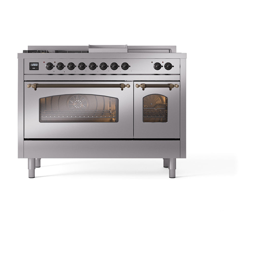 ILVE Nostalgie II dual fuel range with two front oven doors and bronze-trimmed handles