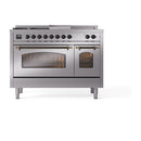 ILVE Nostalgie II 48-Inch Natural Gas Dual Fuel Range with 5 Burners, Griddle, & French Top with Triple Glass Door Oven in Stainless Steel with Bronze Trim (UP48FSNMPSSB)