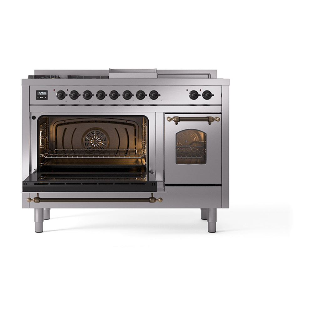 Stainless dual fuel range with one oven door open, showing oven interior and rack