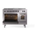 ILVE Nostalgie II 48-Inch Natural Gas Dual Fuel Range with 5 Burners, Griddle, & French Top with Triple Glass Door Oven in Stainless Steel with Bronze Trim (UP48FSNMPSSB)