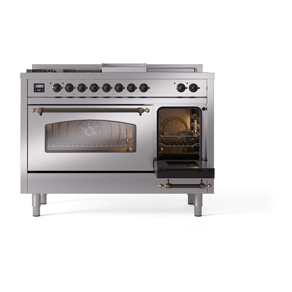 Stainless dual-fuel range with bronze trim, front oven door and open oven interior