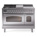 ILVE Nostalgie II 48-Inch Propane Gas Dual Fuel Range with 5 Burners, Griddle, & French Top with Triple Glass Door Oven in Stainless Steel with Chrome Trim (UP48FSNMPSSCLP)
