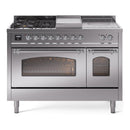 ILVE Nostalgie II 48-Inch Natural Gas Dual Fuel Range with 5 Burners, Griddle, & French Top with Triple Glass Door Oven in Stainless Steel with Chrome Trim (UP48FSNMPSSC)