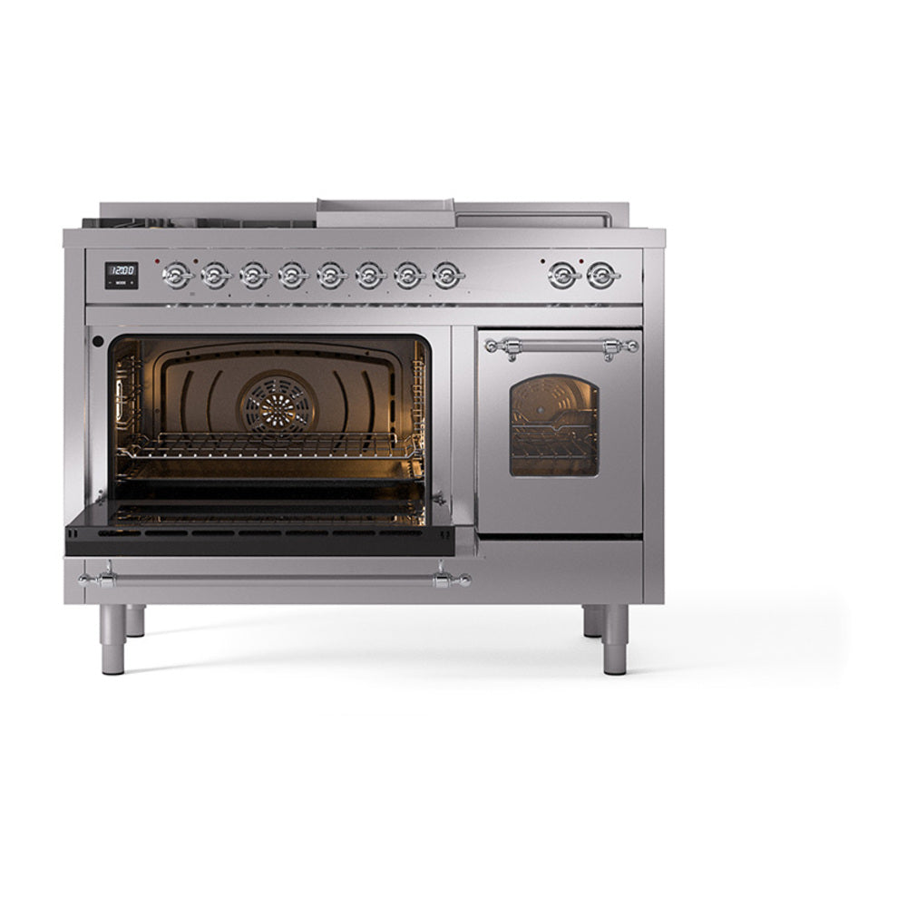Stainless steel dual fuel gas range with triple-glass oven door, left door open