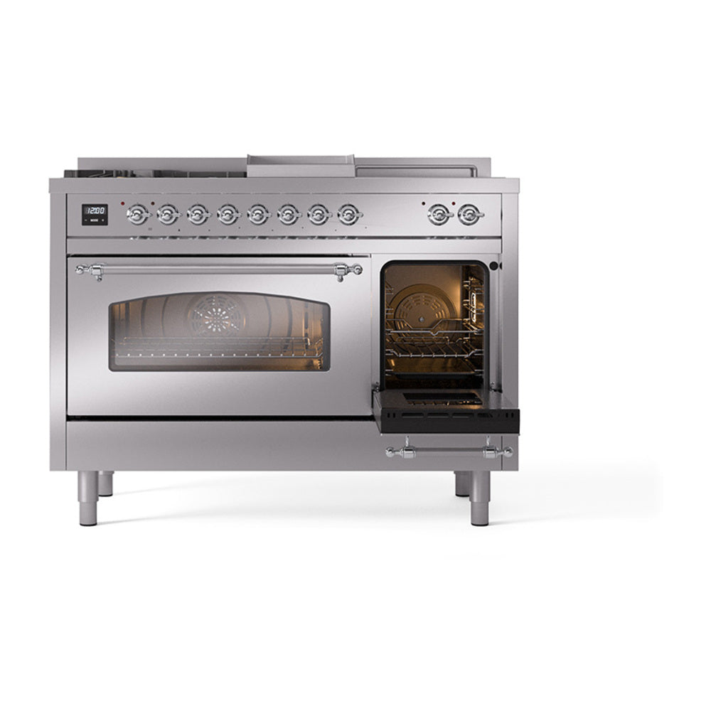 Stainless steel dual fuel gas range with oven windows; right door open to interior