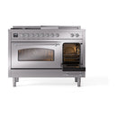 ILVE Nostalgie II 48-Inch Natural Gas Dual Fuel Range with 5 Burners, Griddle, & French Top with Triple Glass Door Oven in Stainless Steel with Chrome Trim (UP48FSNMPSSC)