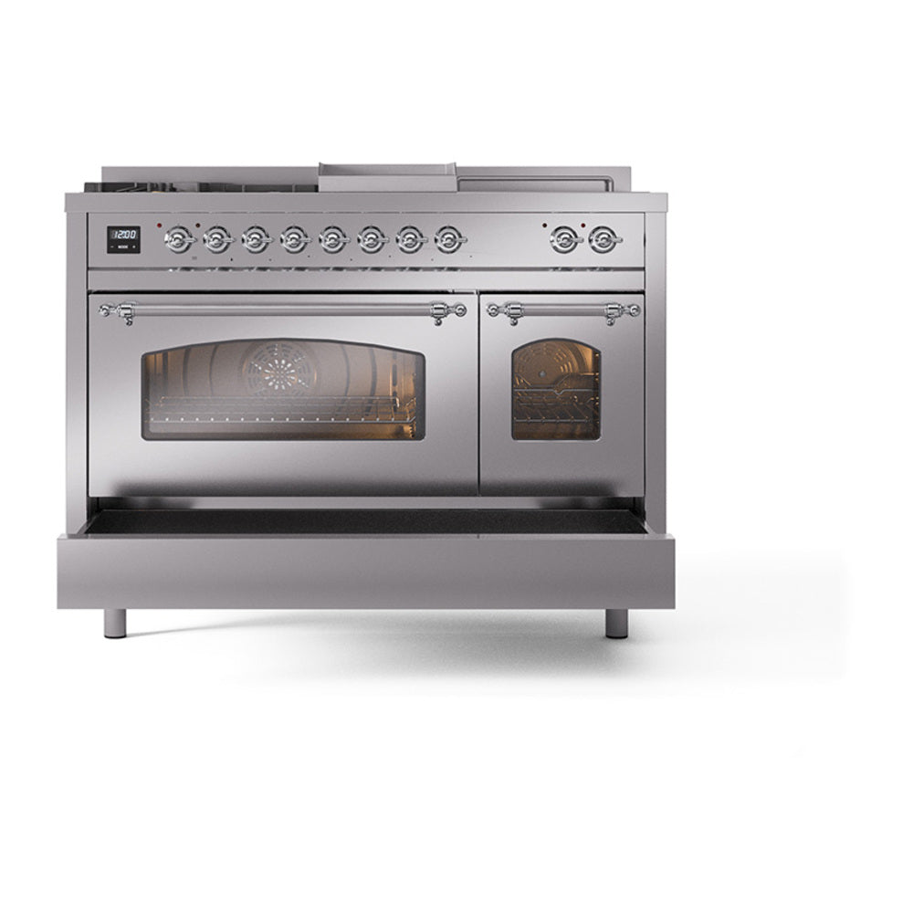 Stainless steel dual fuel gas range with triple-glass oven doors and chrome trim