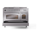 ILVE Nostalgie II 48-Inch Natural Gas Dual Fuel Range with 5 Burners, Griddle, & French Top with Triple Glass Door Oven in Stainless Steel with Chrome Trim (UP48FSNMPSSC)
