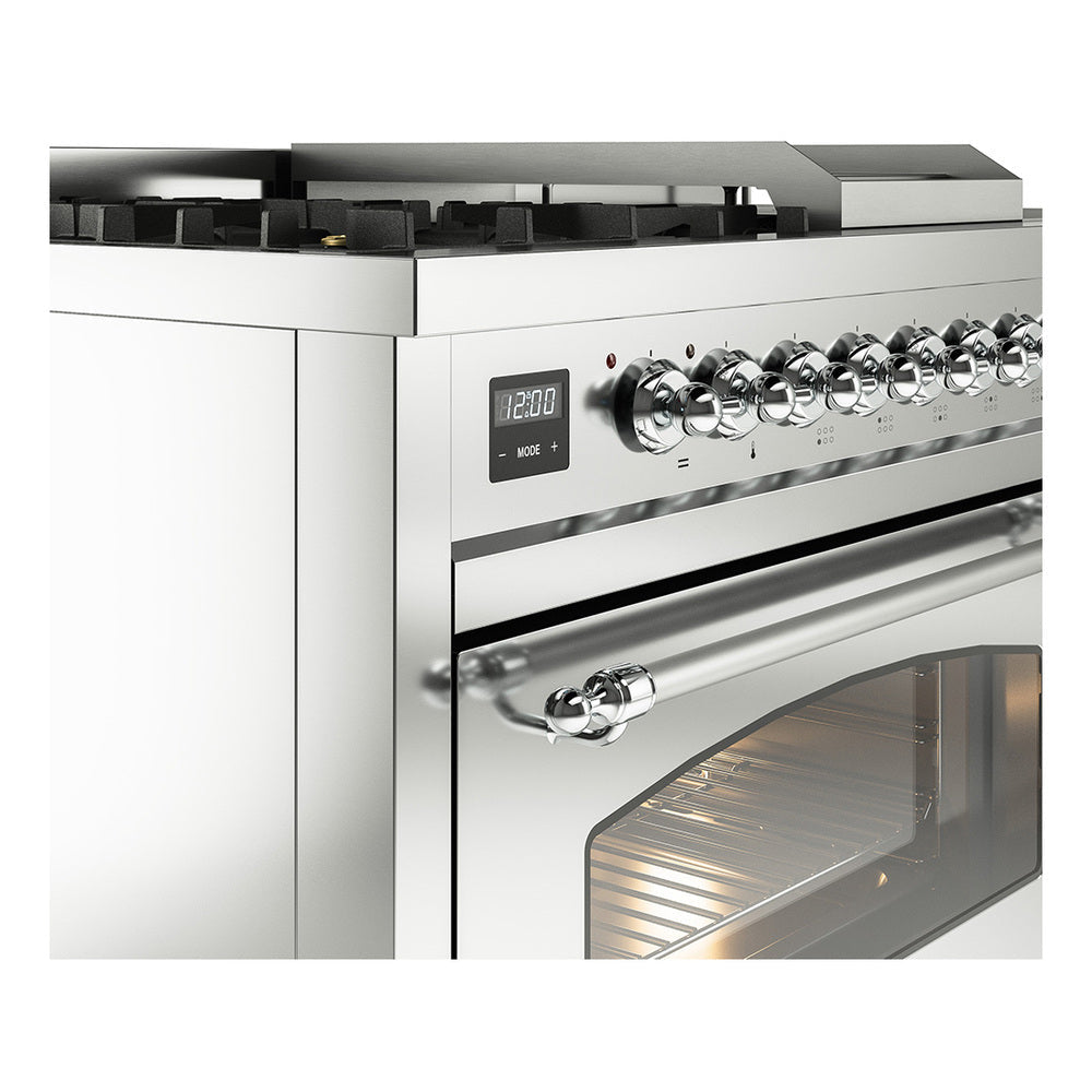 Stainless steel range front with chrome control knobs and oven window with glowing interior