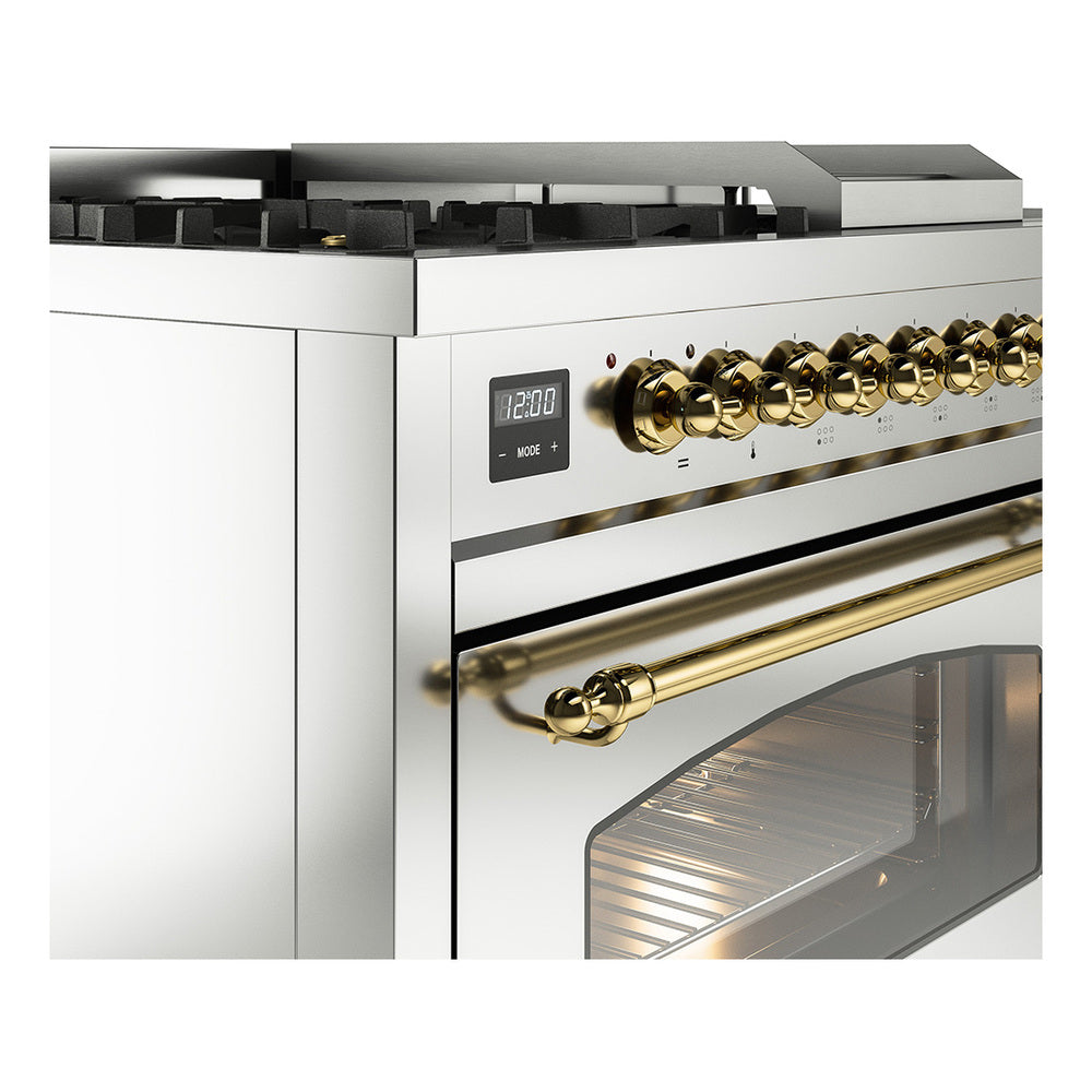 Brass-trim dual fuel range control panel with display and row of burner knobs