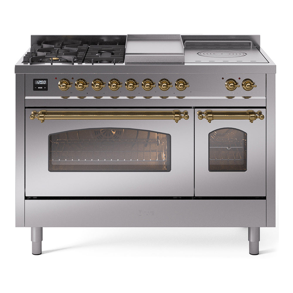 Dual fuel range with burners exposed, stainless face, and brass knob controls