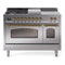 ILVE Nostalgie II 48-Inch Natural Gas Dual Fuel Range with 5 Burners, Griddle, & French Top with Triple Glass Door Oven in Stainless Steel with Brass Trim (UP48FSNMPSSG)