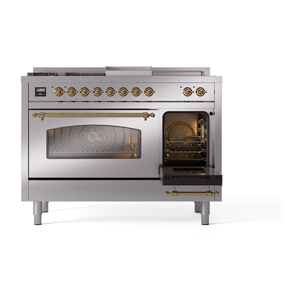 Dual fuel gas range front view with one open oven door and brass trim