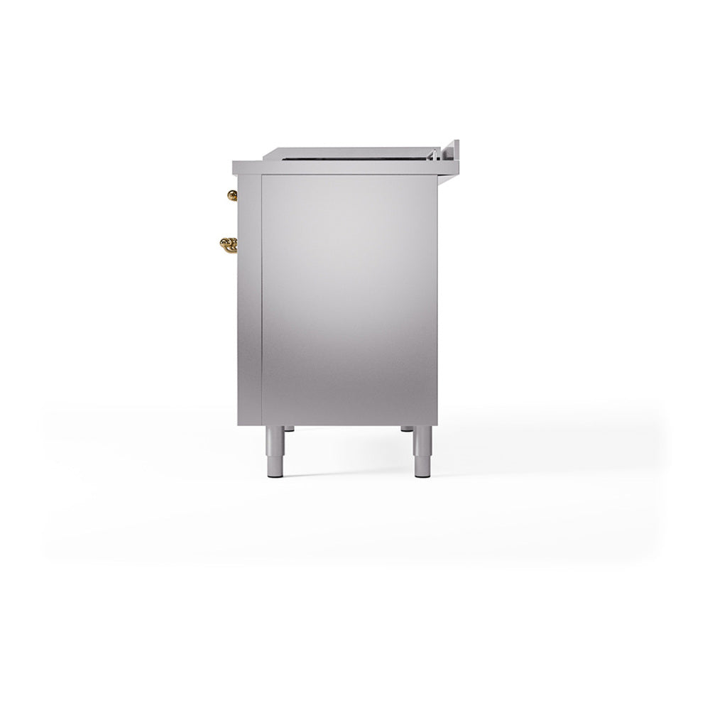 Stainless steel range panel with brass trim and four leveling legs