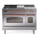 ILVE Nostalgie II 48-Inch Natural Gas Dual Fuel Range with 5 Burners, Griddle, & French Top with Triple Glass Door Oven in Stainless Steel with Copper Trim (UP48FSNMPSSP)