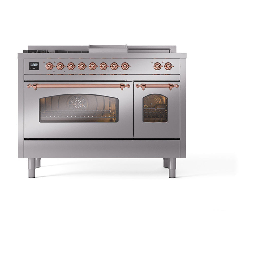 ILVE stainless steel dual fuel range with copper trim, oven glass doors and front controls