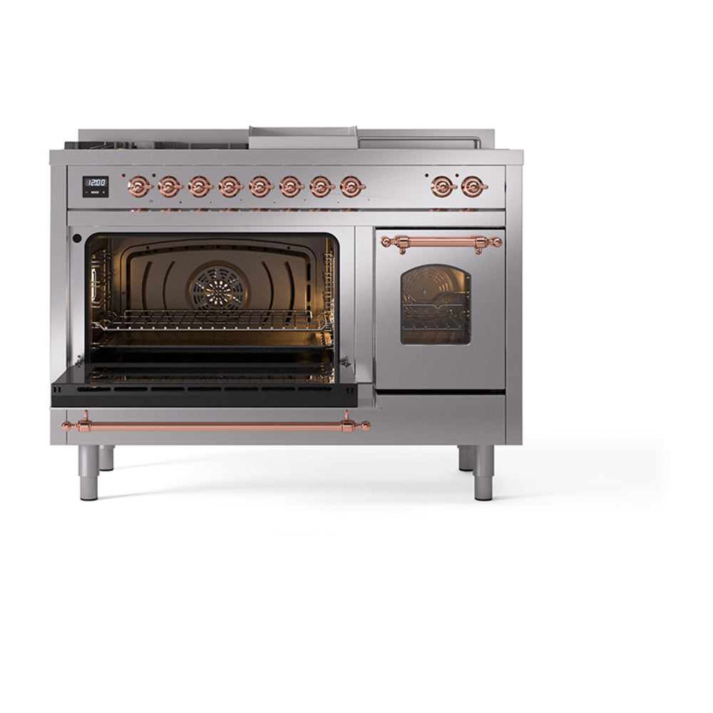 ILVE stainless steel dual fuel range with copper trim, both ovens open, control knobs