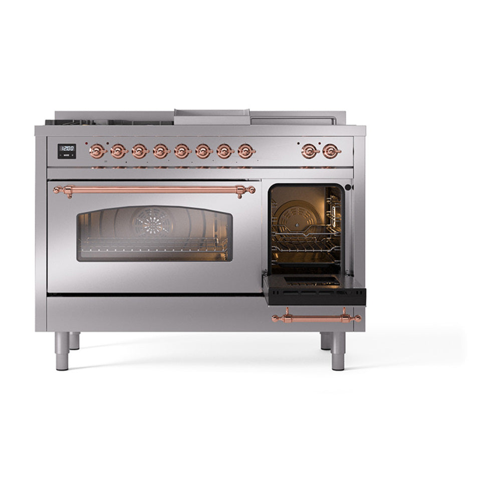 Stainless steel dual fuel range with oven door open and interior visible through glass