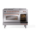 ILVE Nostalgie II 48-Inch Natural Gas Dual Fuel Range with 5 Burners, Griddle, & French Top with Triple Glass Door Oven in Stainless Steel with Copper Trim (UP48FSNMPSSP)