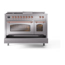 ILVE Nostalgie II 48-Inch Propane Gas Dual Fuel Range with 5 Burners, Griddle, & French Top with Triple Glass Door Oven in Stainless Steel with Copper Trim (UP48FSNMPSSPLP)