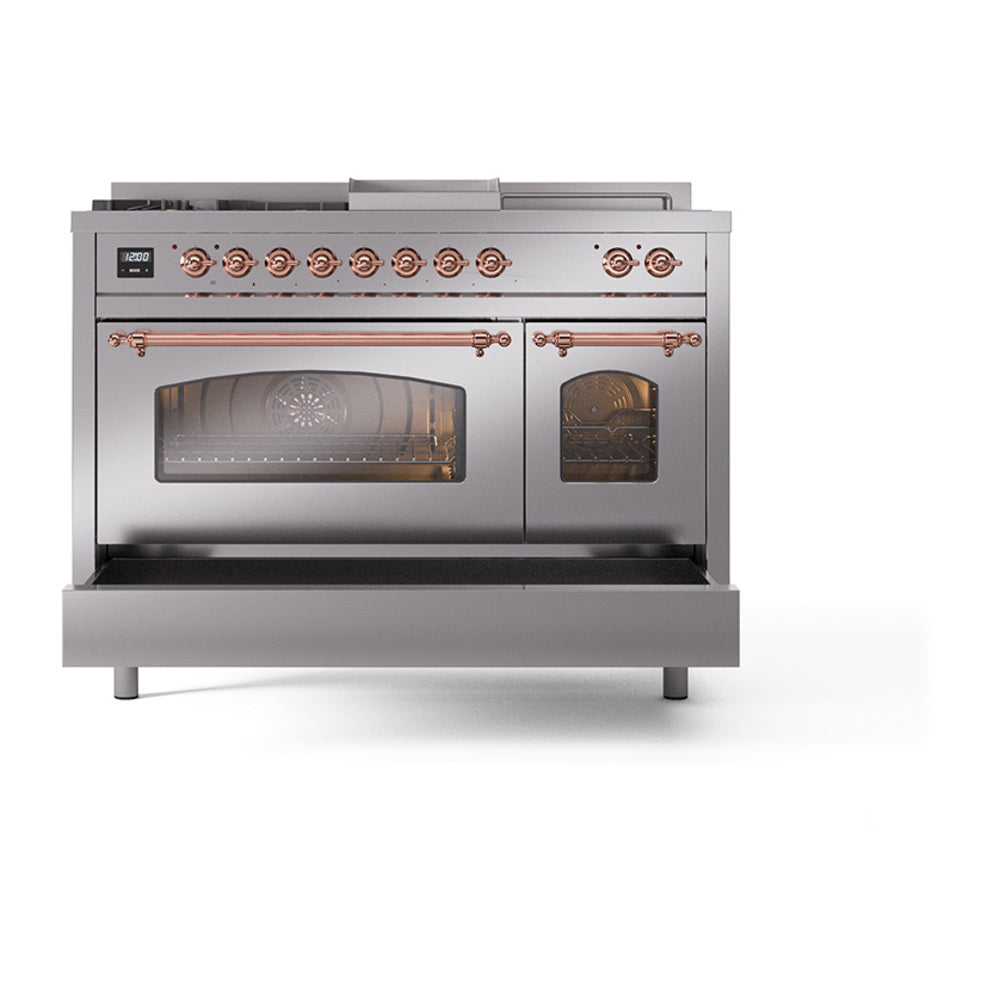 Stainless steel dual fuel range front view with cooktop burners and two oven glass doors