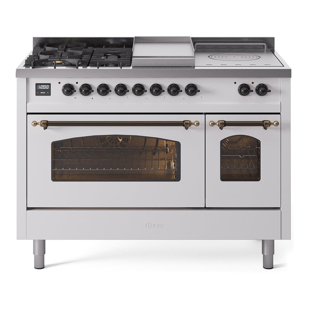 White dual-fuel gas range with bronze trim, burners, griddle, French-top section, and ovens