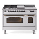 ILVE Nostalgie II 48-Inch Propane Gas Dual Fuel Range with 5 Burners, Griddle, & French Top with Triple Glass Door Oven in White with Bronze Trim (UP48FSNMPWHBLP)