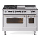 ILVE Nostalgie II 48-Inch Natural Gas Dual Fuel Range with 5 Burners, Griddle, & French Top with Triple Glass Door Oven in White with Bronze Trim (UP48FSNMPWHB)