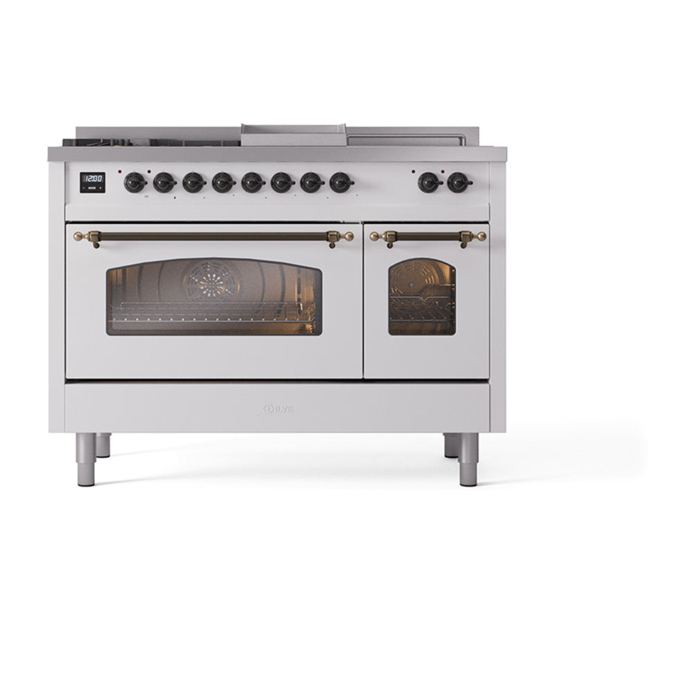 White dual-fuel gas range front view with oven doors, bronze handles, and control knobs