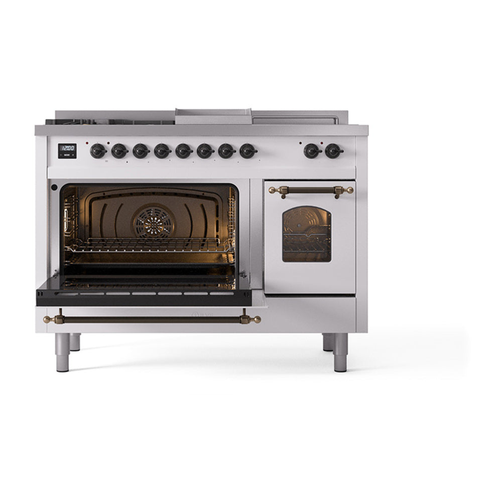 White dual-fuel gas range with bronze trim, open ovens and front control knobs