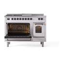 ILVE Nostalgie II 48-Inch Propane Gas Dual Fuel Range with 5 Burners, Griddle, & French Top with Triple Glass Door Oven in White with Bronze Trim (UP48FSNMPWHBLP)