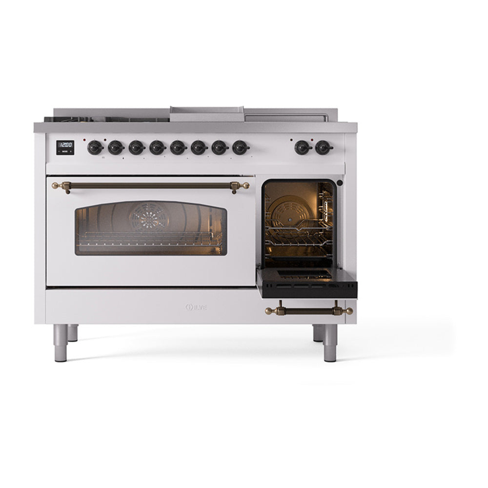 White dual-fuel gas range with bronze trim, left oven door open and right oven door open