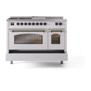 ILVE Nostalgie II 48-Inch Propane Gas Dual Fuel Range with 5 Burners, Griddle, & French Top with Triple Glass Door Oven in White with Bronze Trim (UP48FSNMPWHBLP)