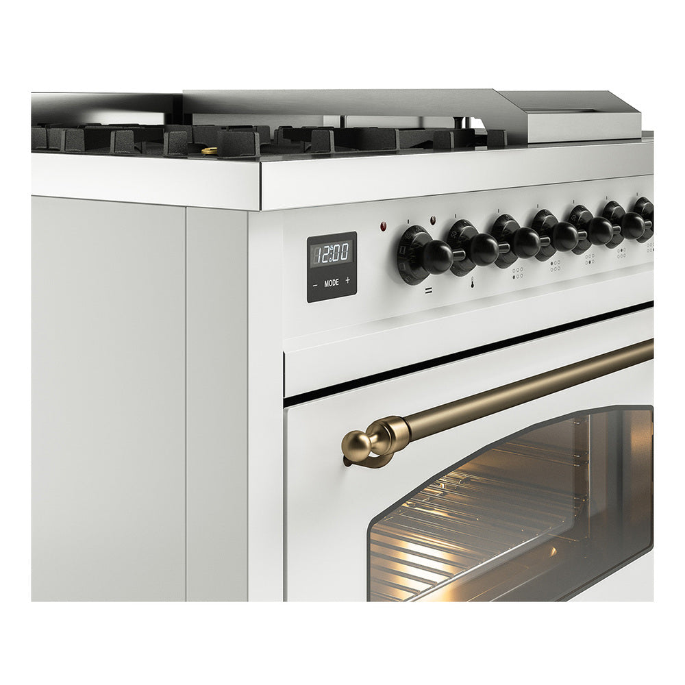 White freestanding gas dual-fuel range front with bronze handle and open oven window