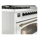 ILVE Nostalgie II 48-Inch Natural Gas Dual Fuel Range with 5 Burners, Griddle, & French Top with Triple Glass Door Oven in White with Bronze Trim (UP48FSNMPWHB)