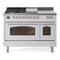 ILVE Nostalgie II 48-Inch Natural Gas Dual Fuel Range with 5 Burners, Griddle, & French Top with Triple Glass Door Oven in White with Chrome Trim (UP48FSNMPWHC)