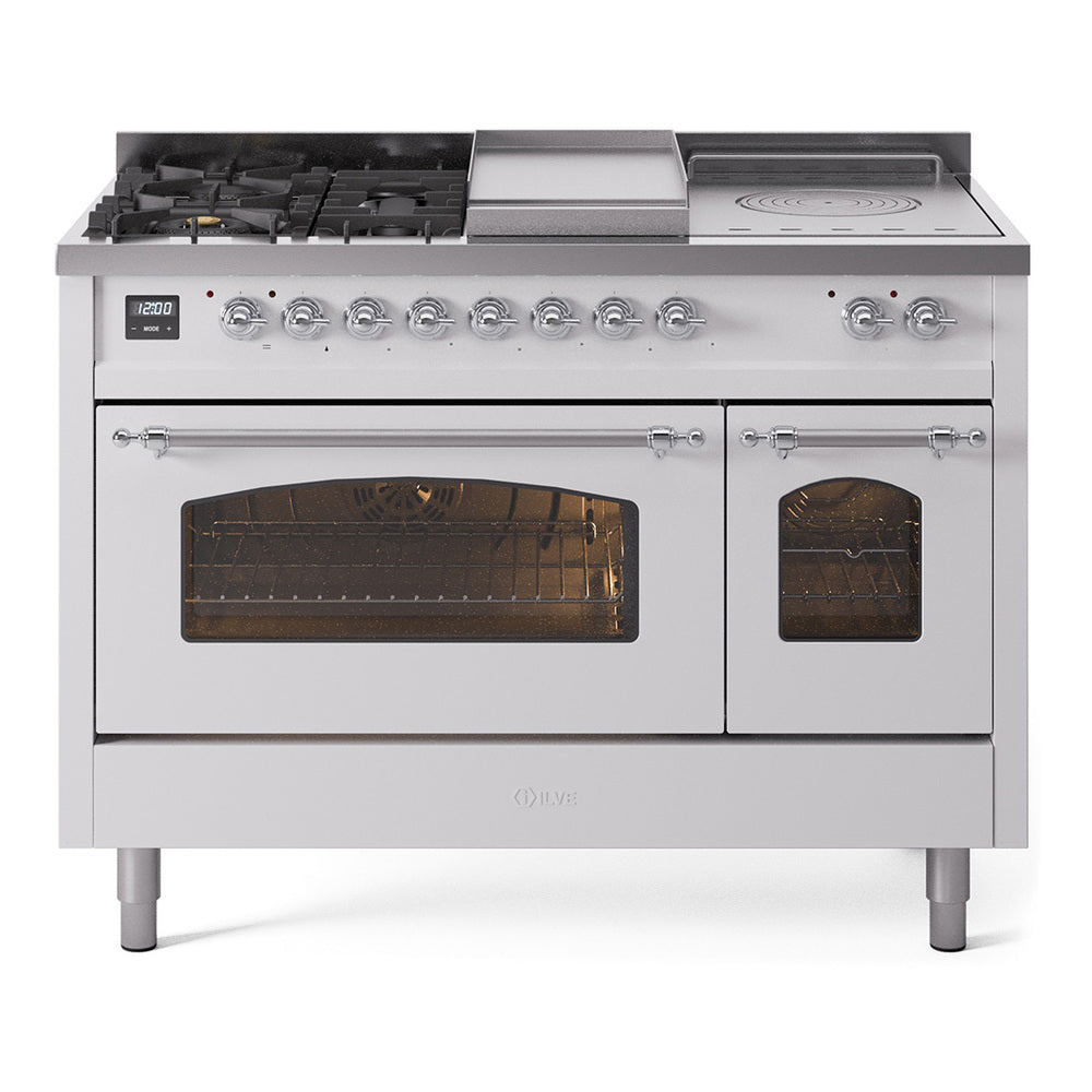 White dual fuel range with griddle top, burner sections, and open oven doors