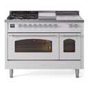 ILVE Nostalgie II 48-Inch Propane Gas Dual Fuel Range with 5 Burners, Griddle, & French Top with Triple Glass Door Oven in White with Chrome Trim (UP48FSNMPWHCLP)