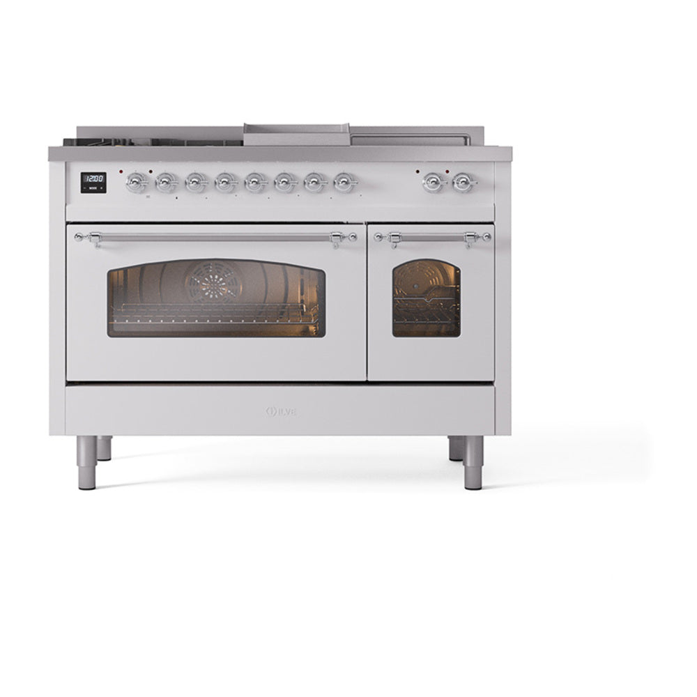 White dual fuel range with chrome knobs and handles, two glass oven doors