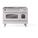 ILVE Nostalgie II 48-Inch Propane Gas Dual Fuel Range with 5 Burners, Griddle, & French Top with Triple Glass Door Oven in White with Chrome Trim (UP48FSNMPWHCLP)