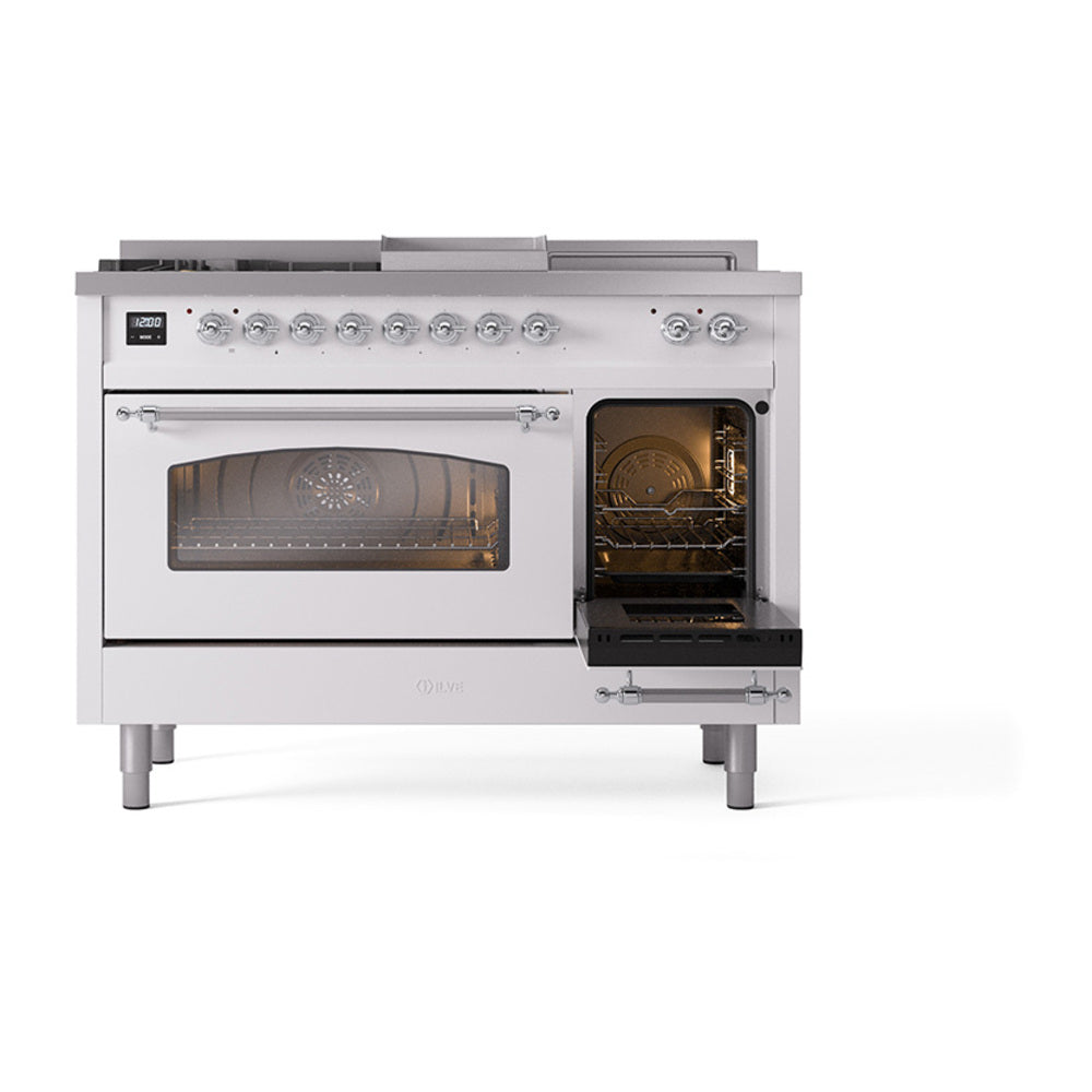 White dual fuel range with single oven door open, chrome control knobs, lit interior