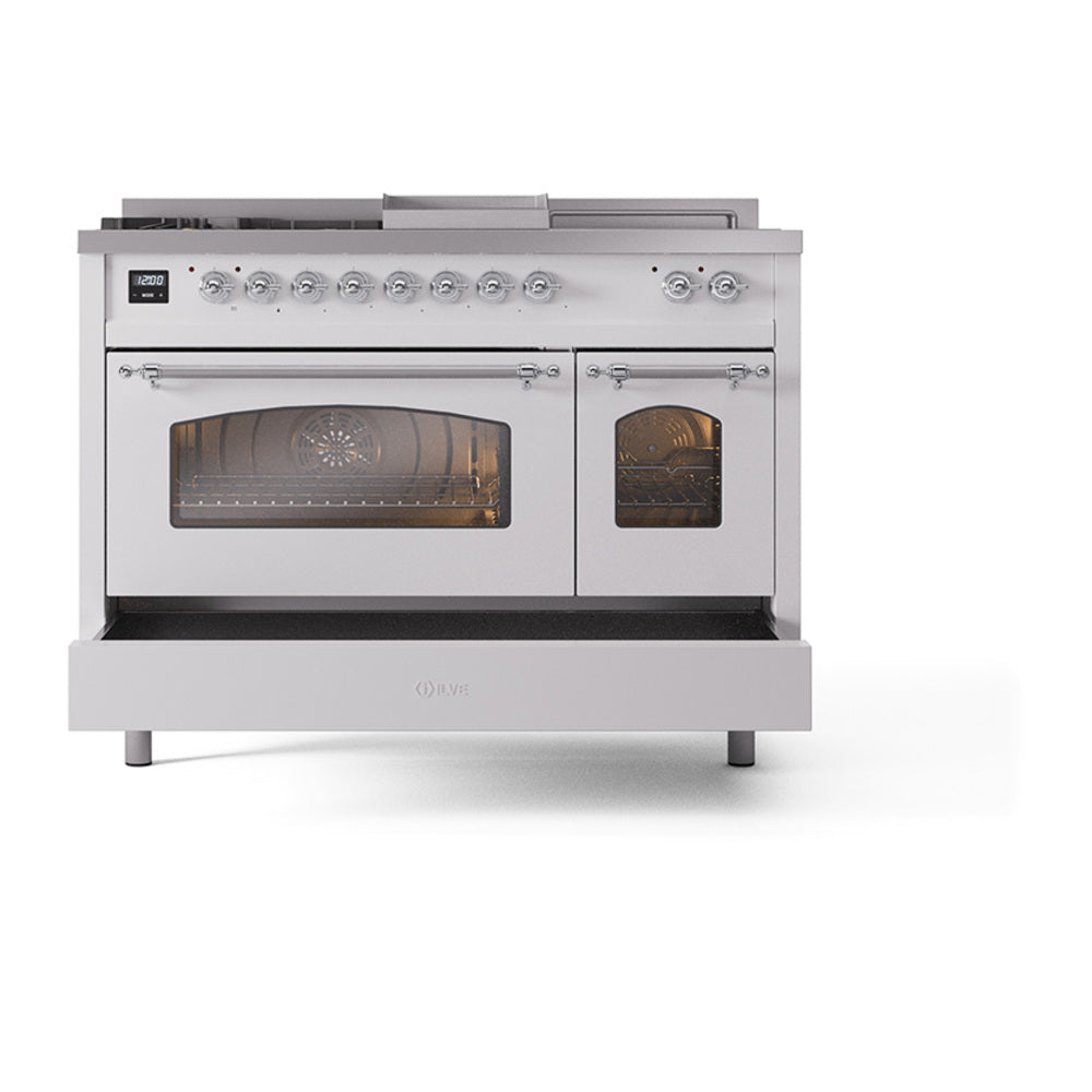 White dual fuel range front view with both oven doors open and chrome handles