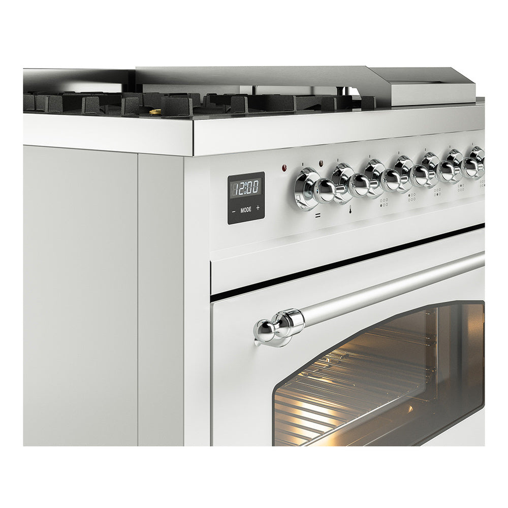 White dual fuel range control panel with burner knobs and oven window