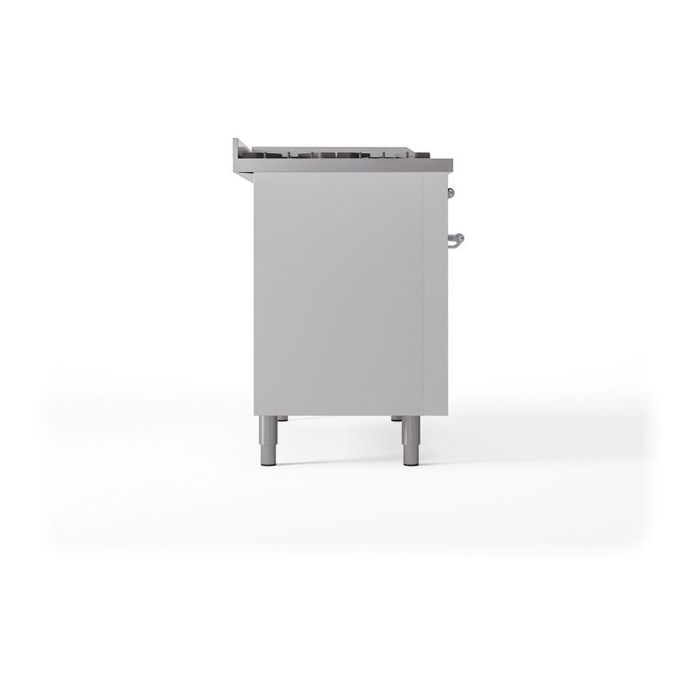 Side view of white dual fuel range with chrome knobs and adjustable legs