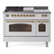 ILVE Nostalgie II 48-Inch Dual Fuel Range with 5 Burners, Griddle, & French Top with Triple Glass Door Oven in White with Brass Trim (UP48FSNMPWHG)