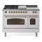 ILVE Nostalgie II 48-Inch Natural Gas Dual Fuel Range with 5 Burners, Griddle, & French Top with Triple Glass Door Oven in White with Brass Trim (UP48FSNMPWHG)