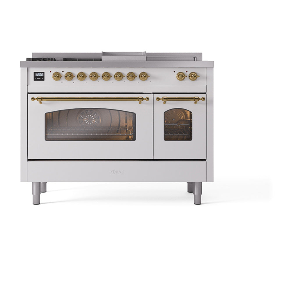 White dual fuel range with two oven doors and brass-trim handles
