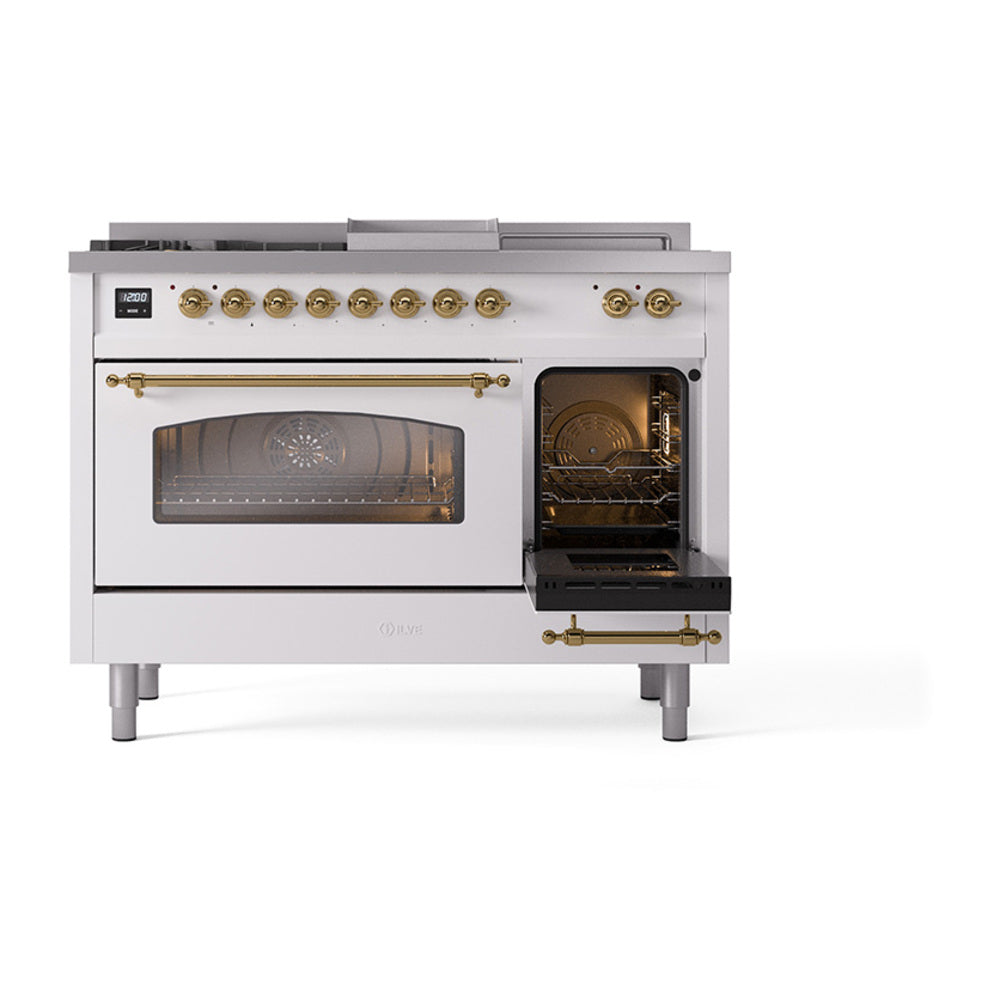 White dual fuel range with left oven window and right oven door open, showing racks